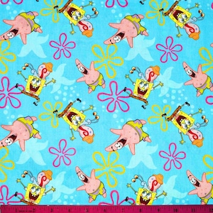 SPONGEBOB SQUAREPANTS FABRIC | Sold By The Half Yard! | Continuous Cut! | 100% Quilting Cotton | Sponge Bob Patrick Star Blue Turquoise Aqua