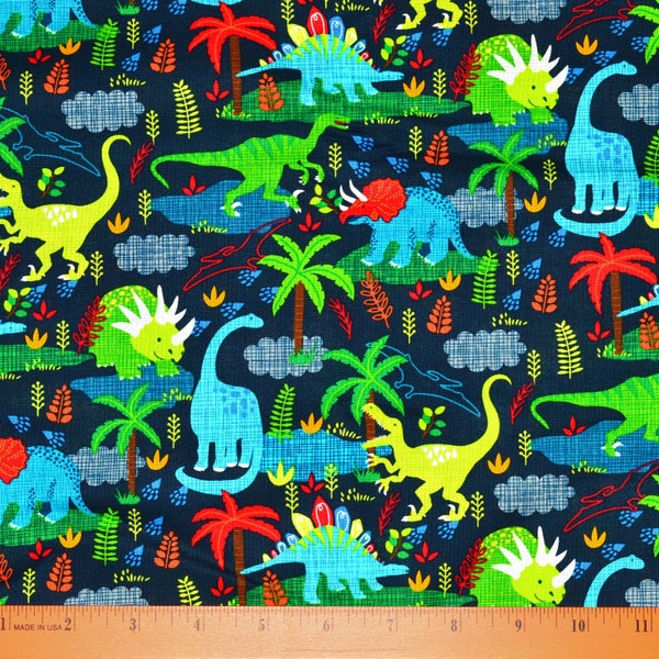 KIDS DINOSAUR FABRIC | Sold By The Half Yard! | Continuous Cut! | 100% Quilting Cotton | Navy Green Red Turquoise