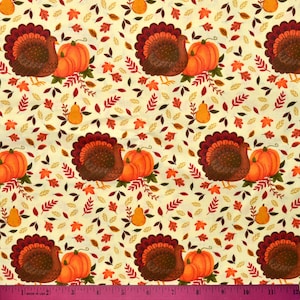 THANKSGIVING TURKEY FABRIC | Sold By The Half Yard! | Continuous Cut! | 100% Quilting Cotton Pumpkins Leaves Fall Autumn Orange Brown Cream