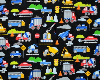 CARS TRUCKS FABRIC | Sold By The Half Yard! | Continuous Cut! | 100% Quilting Cotton | Mini Small Dump Truck Transportation Boys Girls Black