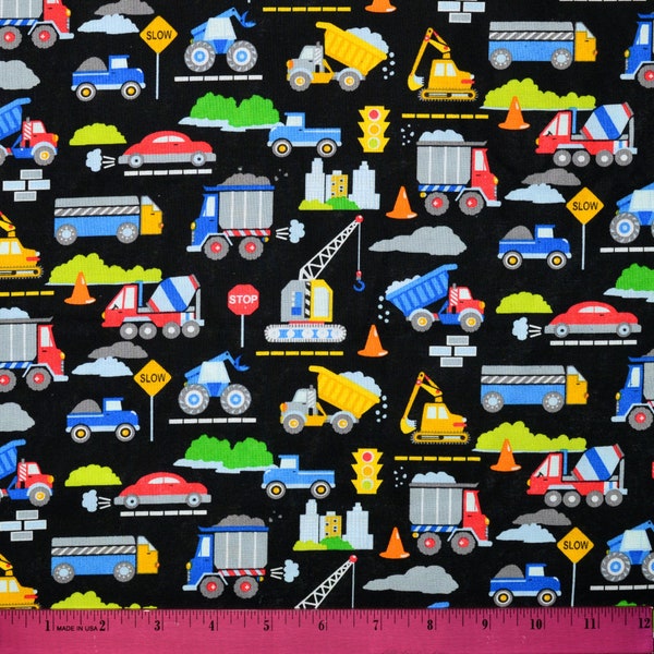 CARS TRUCKS FABRIC | Sold By The Half Yard! | Continuous Cut! | 100% Quilting Cotton | Mini Small Dump Truck Transportation Boys Girls Black