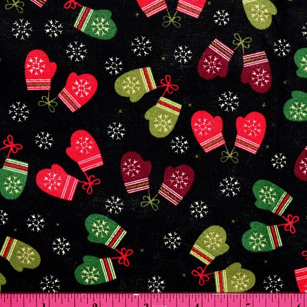 Sale!! CHRISTMAS MITTENS FABRIC | Sold By The Half Yard! | Continuous Cut! | 100% Quilting Cotton | Holiday Snowflake Winter Red Green Black