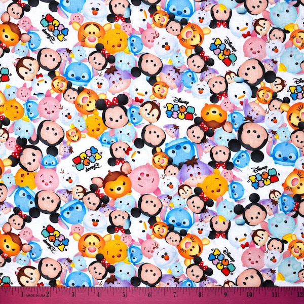 Disney TSUM TSUM FABRIC | Sold By The Half Yard! Continuous Cut! | 100% Quilting Cotton | Japanese Mickey Mouse Pooh Stitch Olaf Kawaii Cute