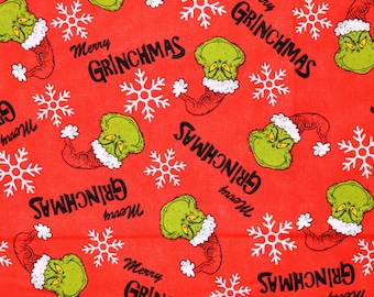 Dr. SEUSS GRINCH STOFF | Verkauft von The Half Yard! | Kontinuierlicher Schnitt! | 100% Quilting Cotton | Weihnachtsfeiertag Grün Weiß Rot Schneeflocken