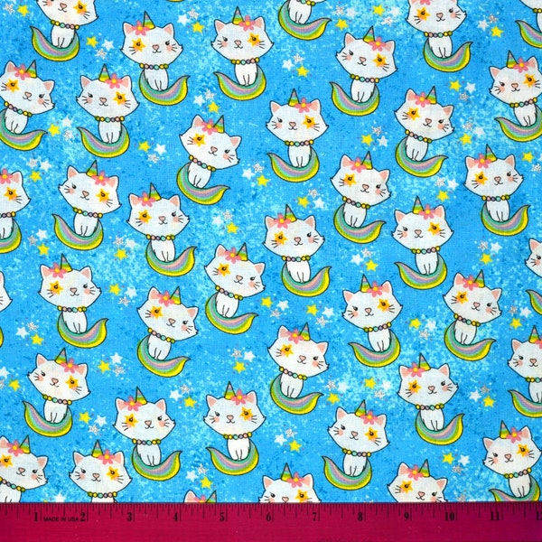 Sale!!! UNICORN CATS FABRIC | Sold By The Half Yard! | Continuous Cut! | 100% Quilting Cotton | Unicats Kitten Kitty Rainbow Tail Girls Blue