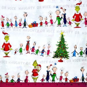 Dr. SEUSS GRINCH FABRIC | Sold By The Half Yard! | Continuous Cut! | 100% Quilting Cotton | Christmas Holiday Whos Whoville White