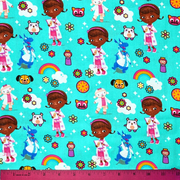 DOC MCSTUFFINS FABRIC | Sold By The Half Yard! | Continuous Cut! | 100% Quilting Cotton | Lambie Stuffie Pink Doctor Aqua Blue