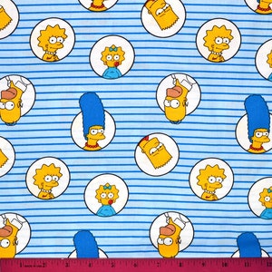 May include: Fabric featuring a repeating pattern of cartoon characters in white circles against a blue and white striped background. The characters include a woman with blue hair, a girl with a bow, and a boy with spiky yellow hair.