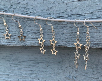 Gorgeous star drop earrings dangly hook silver | available in three different sizes | plated metal free from nickel and lead