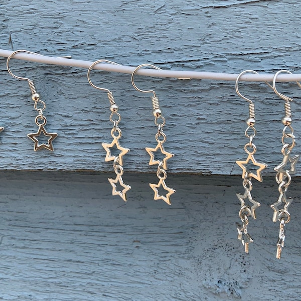 Gorgeous star drop earrings dangly hook silver | available in three different sizes | plated metal free from nickel and lead