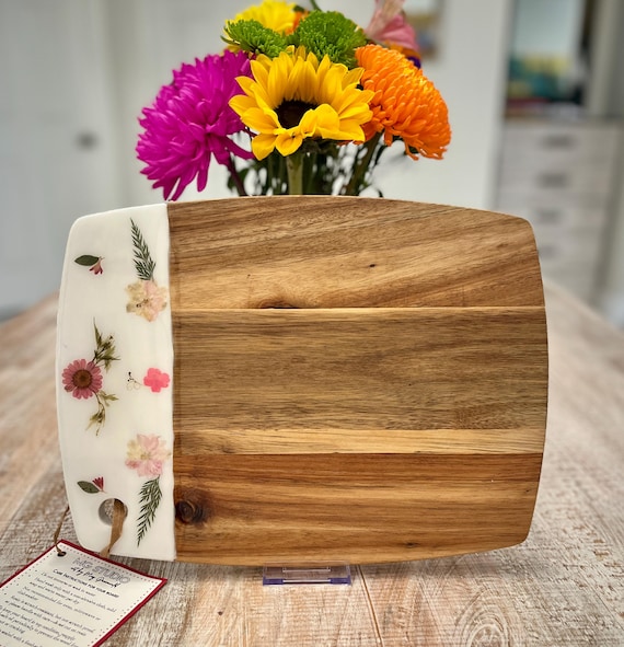 Natural Acacia Wood Charcuterie Board with Pressed Flowers, 13" x 9.5" x 0.5"