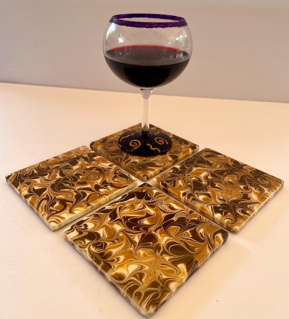 Hand-Painted Ceramic Coaster Set – Brown & Cream Swirl, Resin Sealed, Heat-Resistant, Set of 4