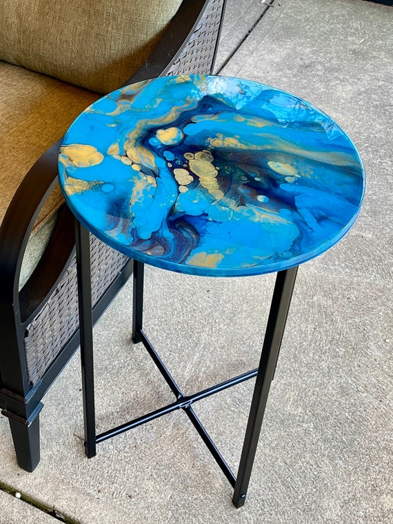 Blue and Gold Side Table / Painted Accent Table  / Dark Blue, Bright Blue and Gold Acrylic Pour Accent Table /  Resin Accent Table with Gold