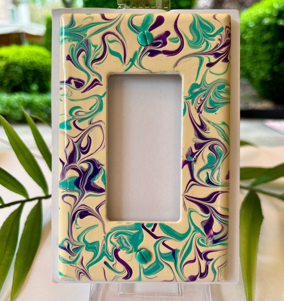 Single Rocker Light Switch Cover with Swirl Design / Hand Painted Wall Plate / Light Switch Decor / Purple and Teal Wall Plate / Wall Decor