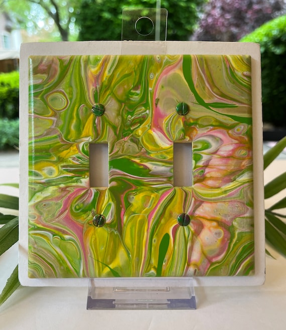 Hand Painted Double Toggle Light Switch Cover / Two Toggle Switch Plate Cover in Pink, Green and Yellow / Painted Double Switch Plate