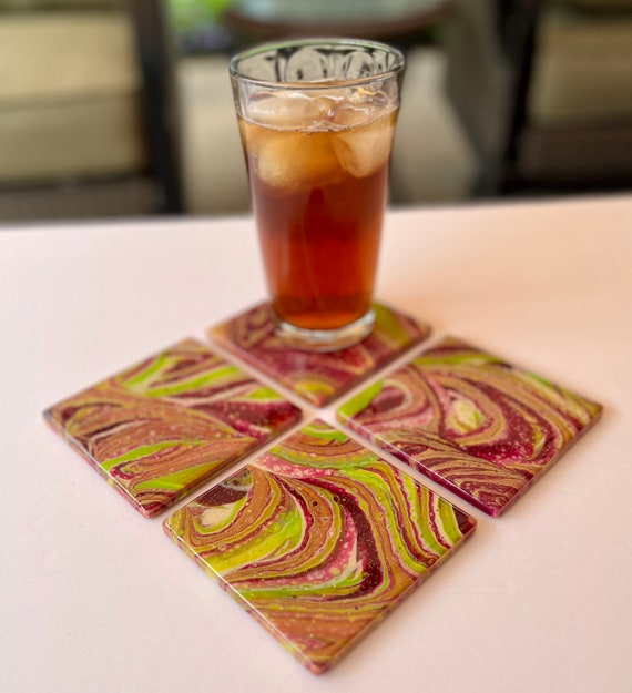 Artistic Resin-Sealed Ceramic Coasters with Purple and Green Swirl Design - Perfect Home Decor