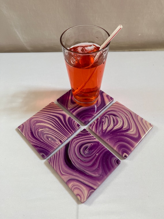 Hand Painted Ceramic Tile Coasters / Coaster set of 4 / Resin Coasters / Purple Tile Coasters / Bar Gift / Acrylic pour Coasters with Resin