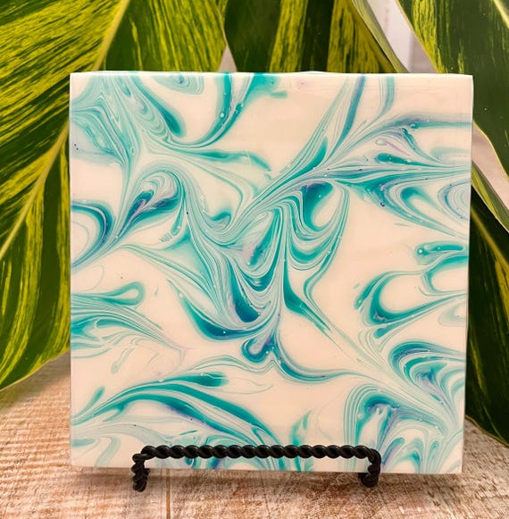 Hand Painted Aqua Trivet with a touch of purple, Food-Safe, Heat-Resistant, One-of-a-Kind Kitchen Art
