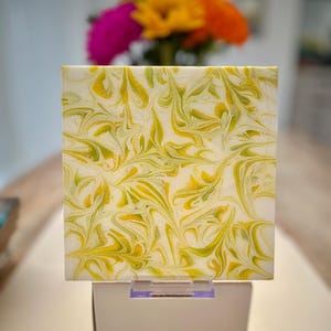 Hand Painted Yellow and Light Green with Iridescent Glitter Tile Trivet, Food-Safe, Heat-Resistant, One-of-a-Kind Kitchen Art