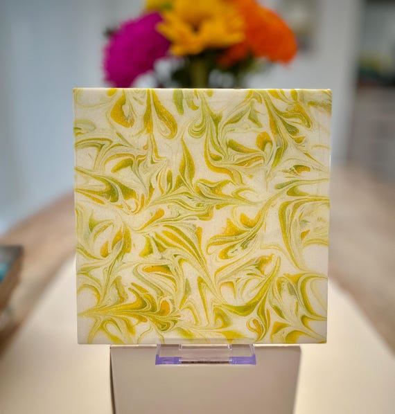 Hand Painted Yellow and Light Green with Iridescent Glitter Tile Trivet, Food-Safe, Heat-Resistant, One-of-a-Kind Kitchen Art