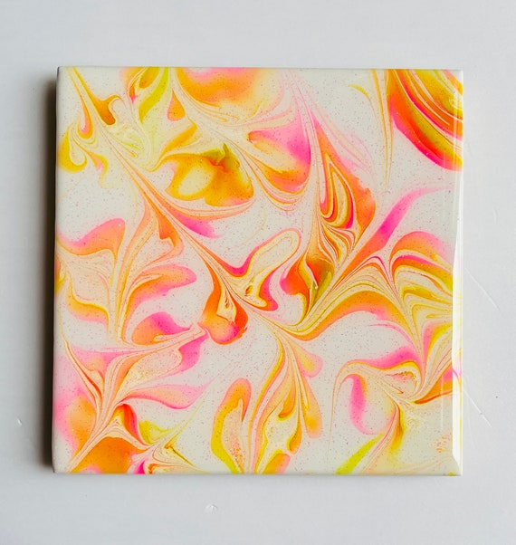 Hand Painted Pink and Yellow Tile Hot Plate / Painted Resin Hot Plate / Tile Hot Plate / Trivets for Hot Dishes / Pink Yellow and Orange