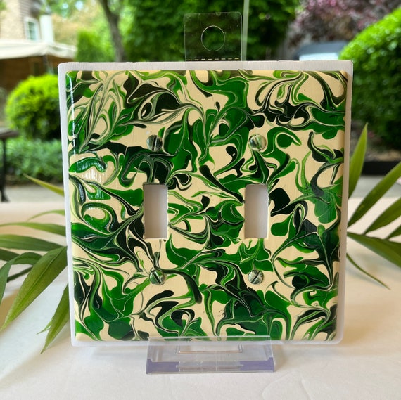 Hand Painted Double Toggle Light Switch Cover / Two Toggle Switch Plate Cover in Green and Ivory / Painted Double Switch Plate