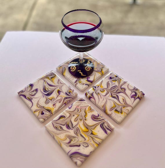 Hand-Painted Ceramic Coasters Set of 4 – Purple & Yellow Swirl with Glitter, Resin Sealed, Cork Backed – Heat Resistant Drink Coasters