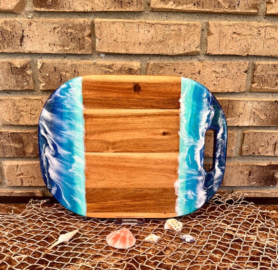 Beach Themed Charcuterie Board -  14" x 10.5" Natural Acacia Board with Waves - Coastal Beach Kitchen Decor