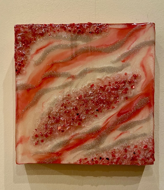 Pink and Silver Resin Geode Painting / Abstract Geode Painting 8 x 8 / Bright Pink and Silver Wall Art