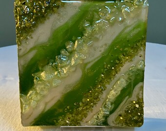Resin Geode / Green Geode / Geode Painting / 6 x 6 painting / Abstract Geode / Small Painting / Paint and Crushed Glass