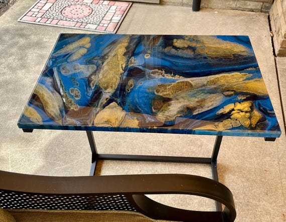 Painted Side Table / Painted Accent Table / Blue and Gold Marble C Table / Blue and Gold Epoxy Resin Accent Table / Free Shipping