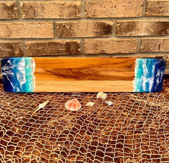 Beach Themed Charcuterie Board – 22"  x 4.75" Acacia Serving Board with Waves – Coastal Beach Kitchen Decor