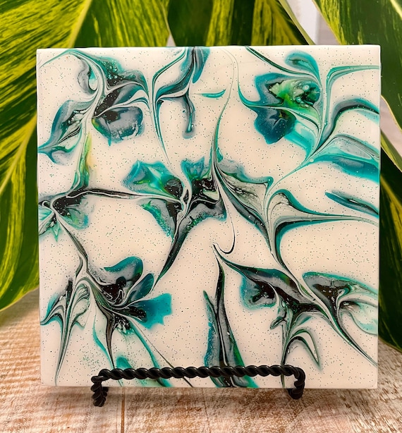 Hand Painted Aqua-Green and Black with Green Glitter Ceramic Tile Trivet, Food-Safe, Heat-Resistant, One-of-a-Kind Kitchen Art