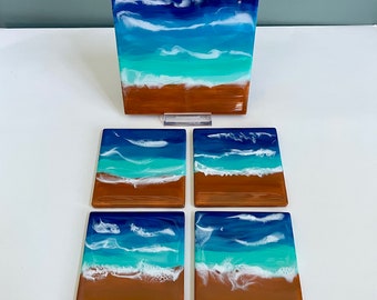 Ocean Coaster Set and Trivet / Beach Coasters / Coaster Set of 4 with Trivet / Ocean Inspired Resin Coasters and Trivet / Ocean Waves
