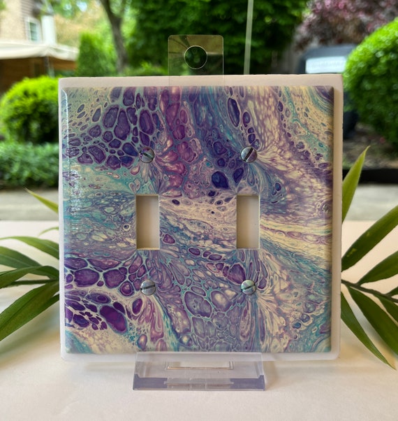 Hand Painted Double Toggle Light Switch Cover / Two Toggle Switch Plate Cover in Purple Ivory and Teal / Painted Double Switch Plate