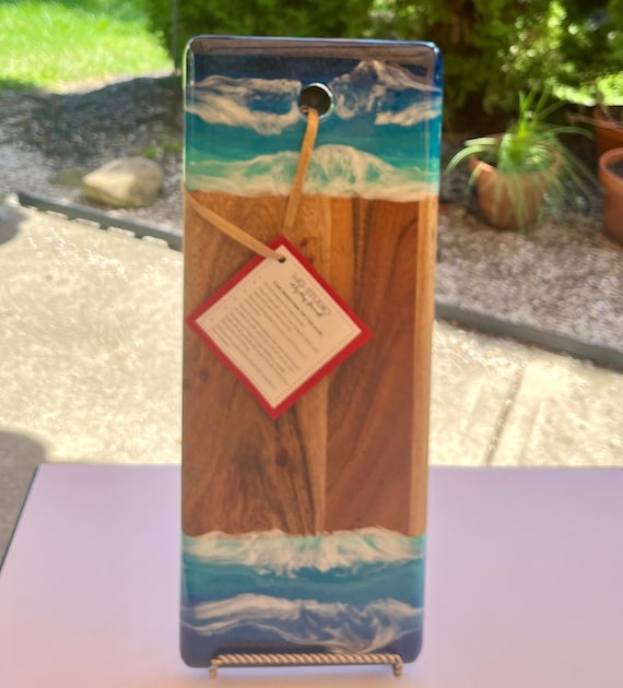 Beach Themed Charcuterie Board -  18" x 7" x 1"  Natural Acacia Board with Waves - Coastal Beach Kitchen Decor