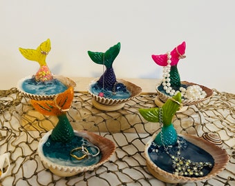 Handcrafted Mermaid Tail Seashell Ring Holder - Coastal Jewelry Organizer  -  Ocean Inspired Trinket Dish