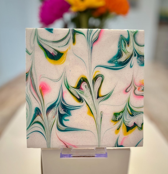 Hand Painted Hot Pink, Yellow, Green and Aqua Tile Trivet, Food-Safe, Heat-Resistant, One-of-a-Kind Kitchen Art