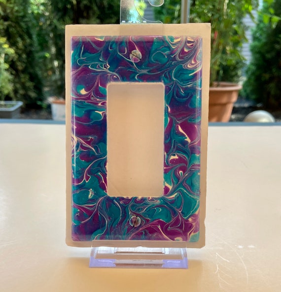 Painted Switch Cover / Hand Painted Rocker Switch Cover / Light Switch Plate  / Light Switch Decor / Purple and Aqua / Single Decora Plate