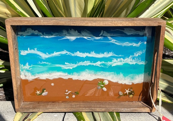 Ocean Inspired Serving Tray with Real Seashells / Beach Theme Serving Tray / Beach House Gift / Shells in Resin Serving Tray