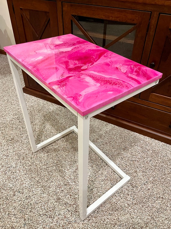 Painted Side Table / Pink Marble Table / Imitation Pink Granite Table / Painted Accent Table / Acrylic Pour Resin Table / Free Shipping