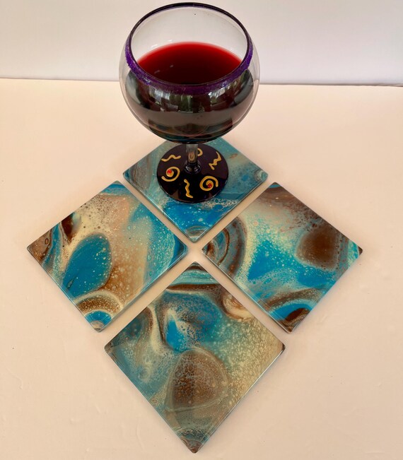 Hand-Painted Galaxy Coaster Set – Blue, Brown & Cream Ceramic Tile Coasters with Resin Finish – Abstract Drink Coasters, Set of 4