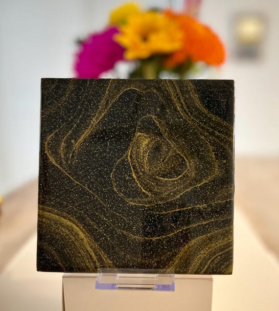Hand Painted Black and Gold Tile Trivet with Gold Glitter, Food-Safe, Heat-Resistant, One-of-a-Kind Kitchen Art