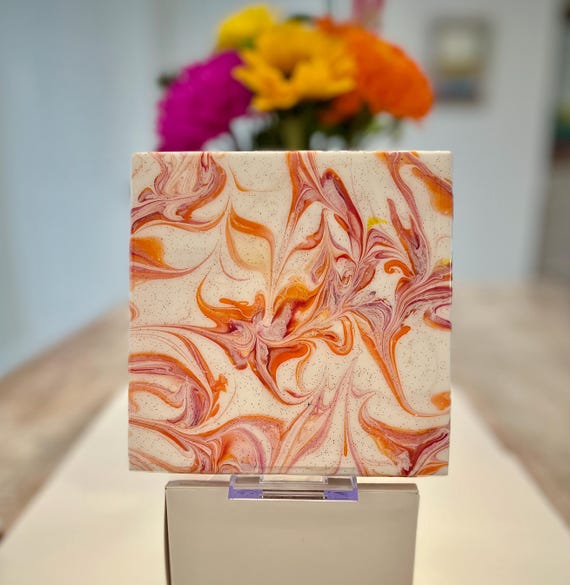 Hand Painted Orange and Red  Trivet with a touch of yellow, Food-Safe, Heat-Resistant, One-of-a-Kind Kitchen Art