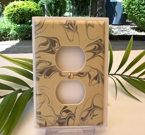 Gray and Ivory Painted Outlet Cover with swirl design / Painted Outlet Wall Plate / Wall Plate for Two Plugs / Handmade / Two Plug Cover