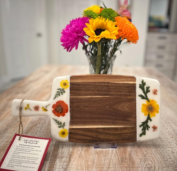 Natural Wood Serving Board with Resin and Pressed Flowers, 15.5" x 7.5" x .5"