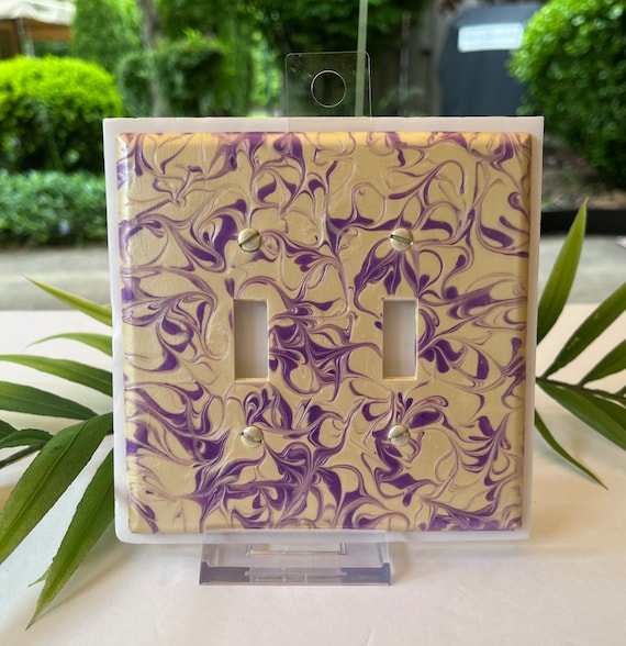 Hand Painted Double Toggle Light Switch Cover / Two Toggle Switch Plate Cover in Metallic Ivory and Metallic Purple / Handmade