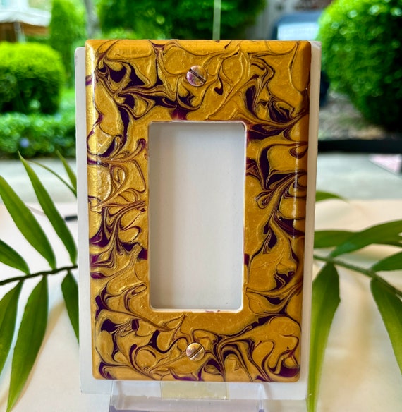 Painted Switch Cover / Hand Painted Rocker Switch Cover / Light Switch Plate  / Light Switch Decor / Purple and Gold / Single Decora Plate