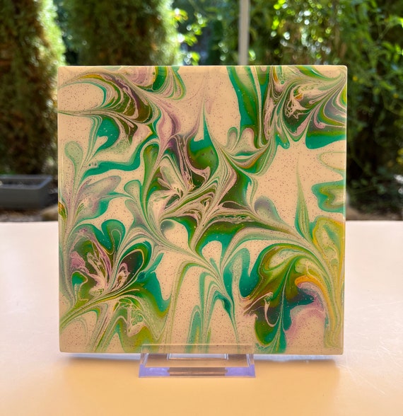 Hand Painted Resin Hot Plate / Purple and Green Hot Plate / Tile Hot Plate / Trivet for Hot Dishes / Ceramic Tile Trivet /  Free Shipping