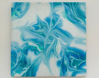 Hand Painted Ceramic Tile Hot Plate / Blue and Aqua Green Painted Resin Hot Plate / Tile Hot Plate / Trivets for Hot Dishes / Hot Pad